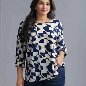 Navy and White Graphic 3/4 Sleeve Blouse